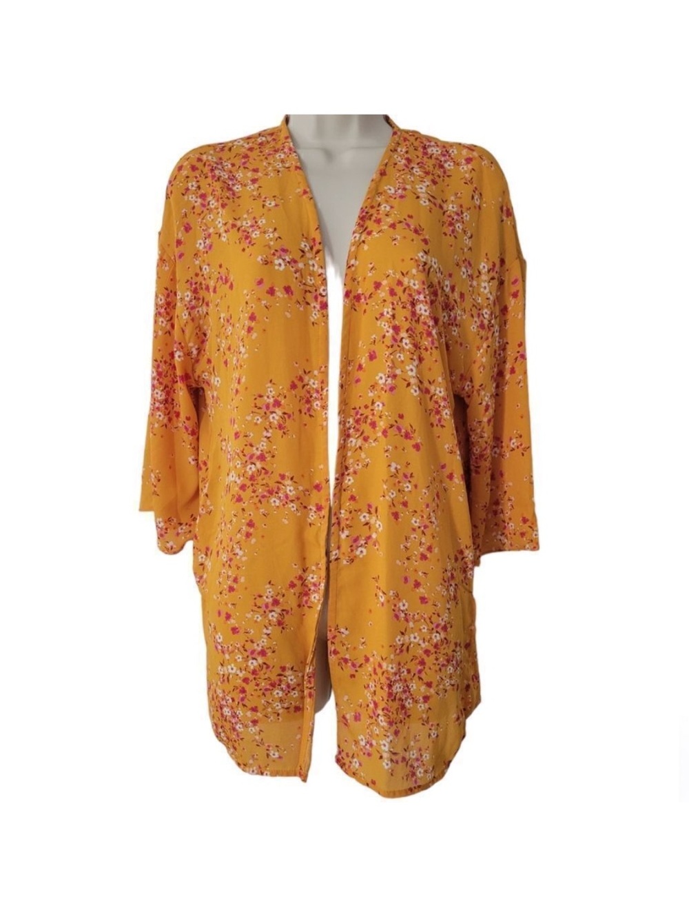 Pink Rose Yellow Floral Open Kimono Cardigan